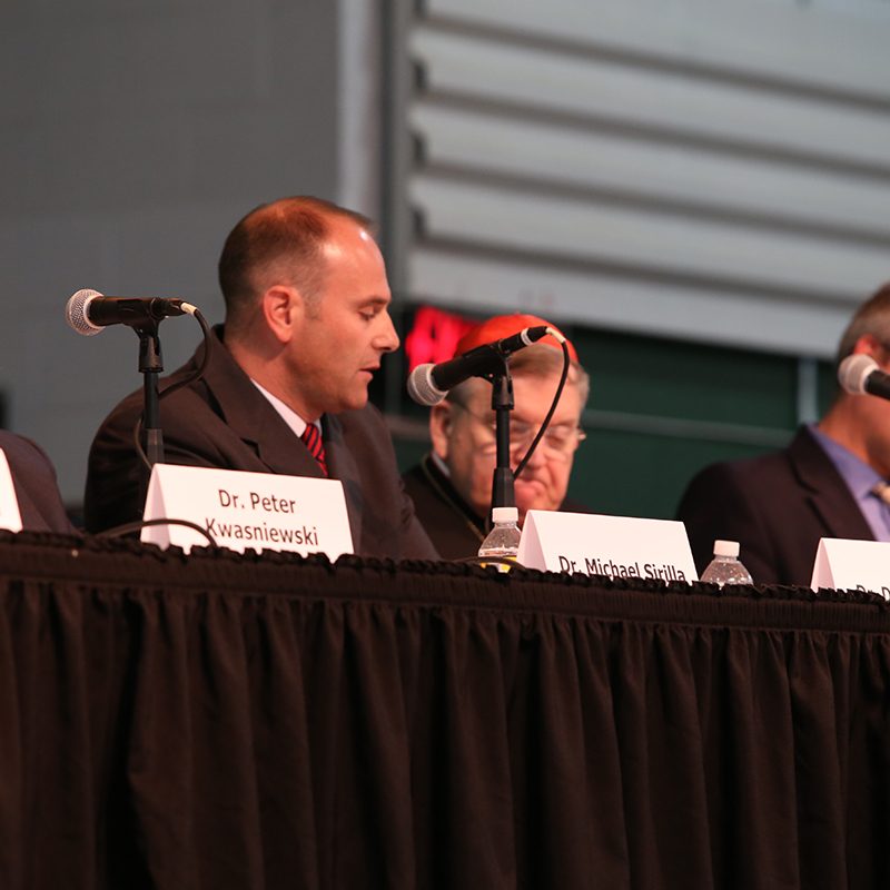 Professors in panel during the synod on the family in the fieldhouse