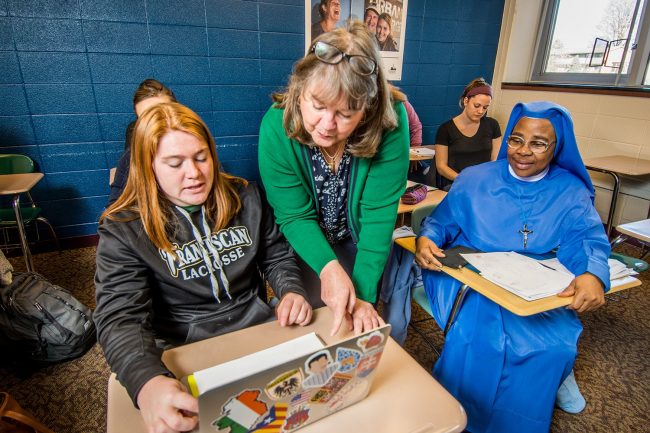 Teacher helping student during class
