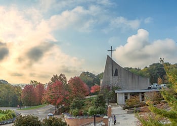 front courtyard and door of Christ the King Chapel