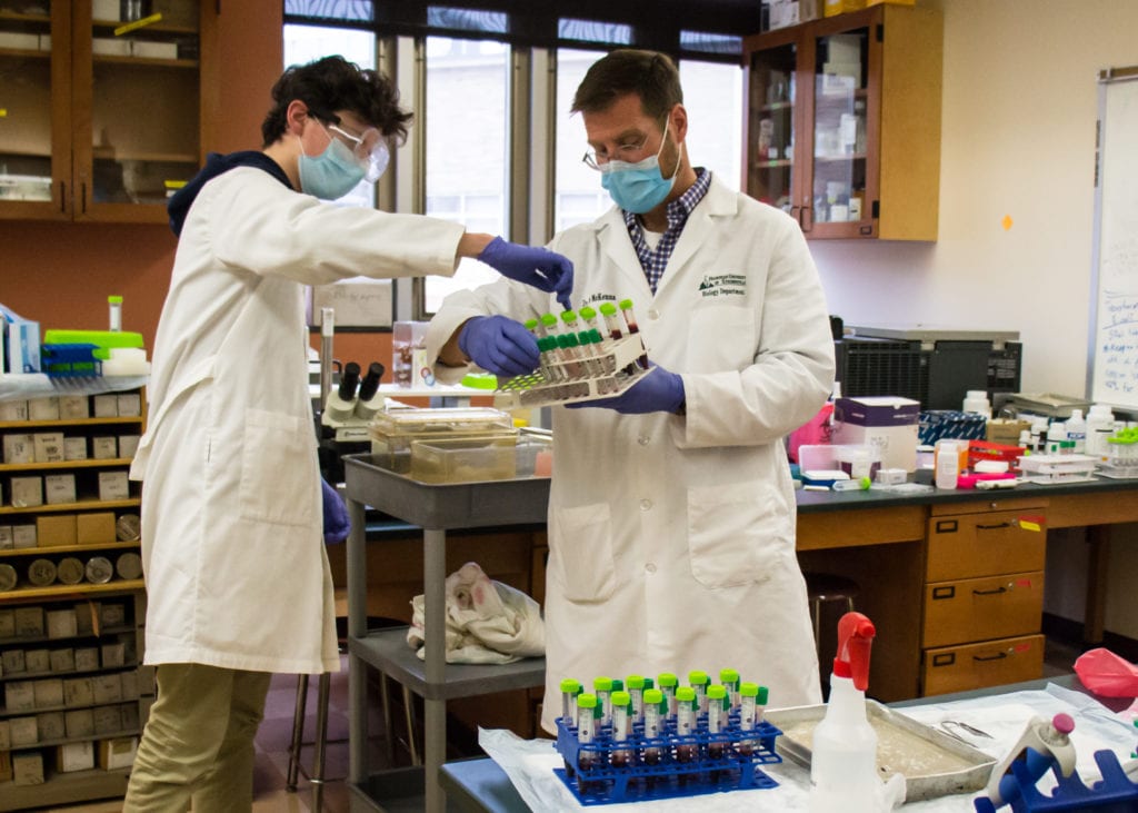 Biology major Michael Rohall and Franciscan University biology professor Dr. Kyle McKenna prepare to analyze blood samples for coronavirus specific antibodies.