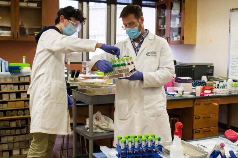 Biology major Michael Rohall and Franciscan University biology professor Dr. Kyle McKenna prepare to analyze blood samples for coronavirus specific antibodies.
