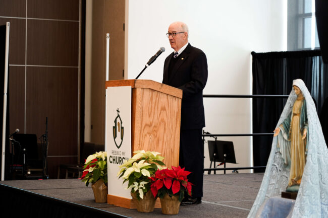Speaker is Mickey Pohl, Chair of the Rebuild My Church campaign