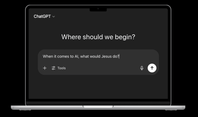 Laptop with ChatGPT with the question "When it comes to AI, what would Jesus do?" on the screen.