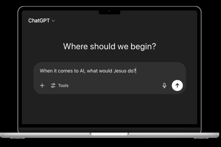 Laptop with ChatGPT with the question "When it comes to AI, what would Jesus do?" on the screen.