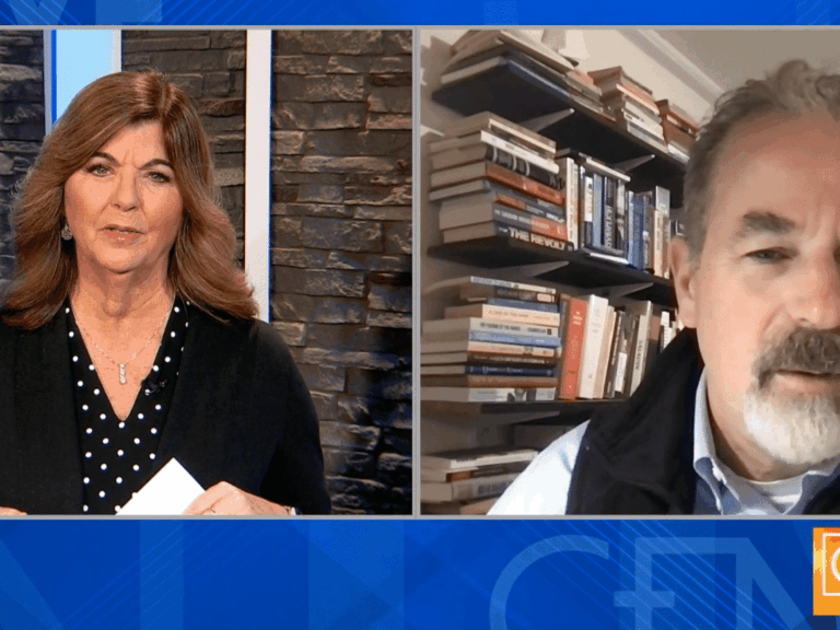 Split-screen interview showing Colleen McVey in a studio and Stephen M. Rasche speaking from an office.
