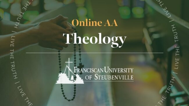 Hands holding a rosary with text “Online AA Theology” and “Franciscan University of Steubenville,” promoting an online theology program, with “Live the Truth” around the border.