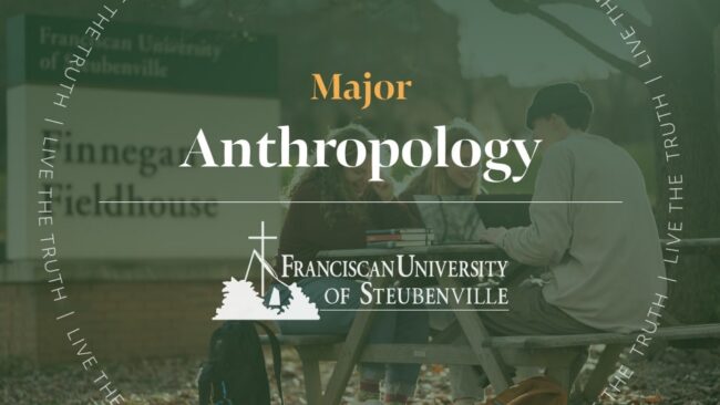 Three students studying at an outdoor table with books with text “Major Anthropology” and “Franciscan University of Steubenville,” with “Live the Truth” around the border.