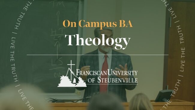 Dr. Scott Hahn teaching in a classroom with text “On Campus BA Theology” and “Franciscan University of Steubenville,” with “Live the Truth” around the border.