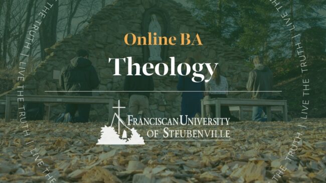 Students gathered at an outdoor grotto with a statue, with text “Online BA Theology” and “Franciscan University of Steubenville,” with “Live the Truth” around the border.