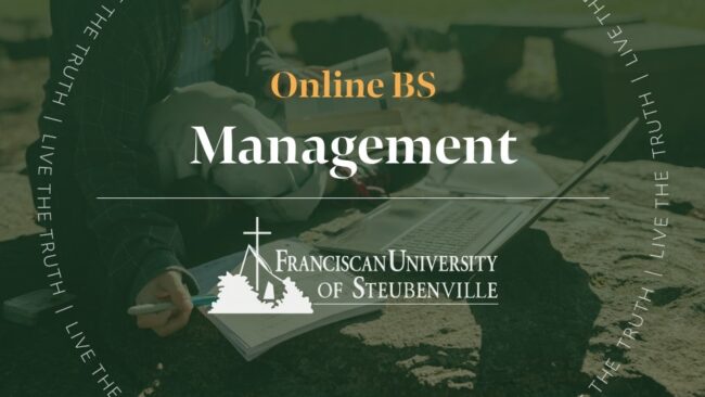 Person studying on a laptop outdoors with overlay text: “Online BS Management” and “Franciscan University of Steubenville,” with “Live the Truth” surrounding the image.