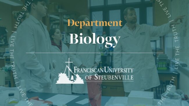 Biology professor instructing students in a laboratory setting with lab equipment and whiteboard notes with text “Department Biology” and “Franciscan University of Steubenville,” with “Live the Truth” around the border.