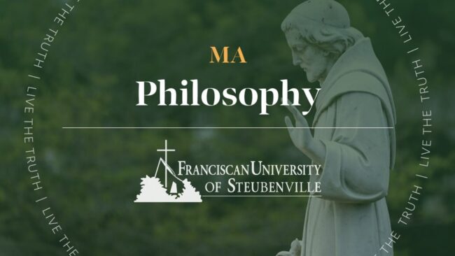 Campus statue of a robed figure with text “MA Philosophy” and “Franciscan University of Steubenville,” with “Live the Truth” around the border.