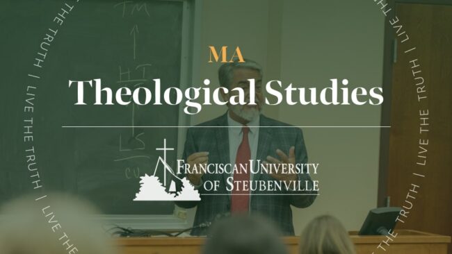 Dr. Scott Hahn teaching in a classroom with text “MA Theological Studies” and “Franciscan University of Steubenville,” with “Live the Truth” around the border.