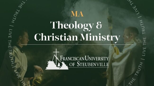 Two clergy members holding liturgical items during a ceremony with text reading “MA Theology & Christian Ministry” and “Franciscan University of Steubenville,” with “Live the Truth” around the border.