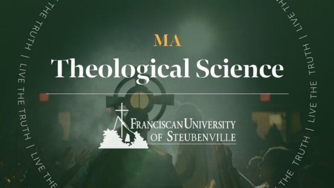 A monstrance displayed above a crowd with raised hands with text “MA Theological Science” and “Franciscan University of Steubenville,” with “Live the Truth” around the border.