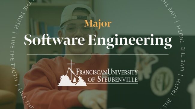 College student coding on a laptop wearing glasses and a backward cap with text “Major Software Engineering” and “Franciscan University of Steubenville,” with “Live the Truth” around the border.