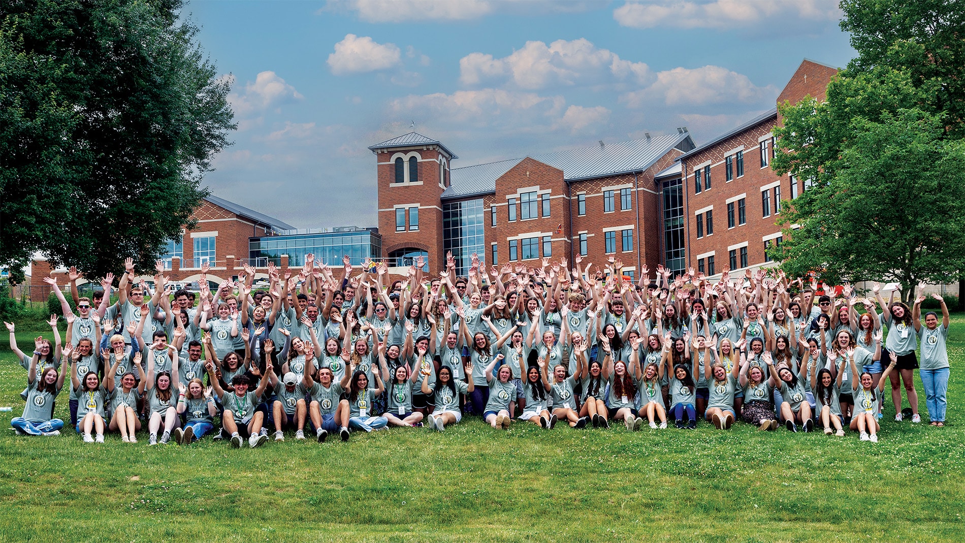 Large Body of Students gathering on Campus Celebrating
