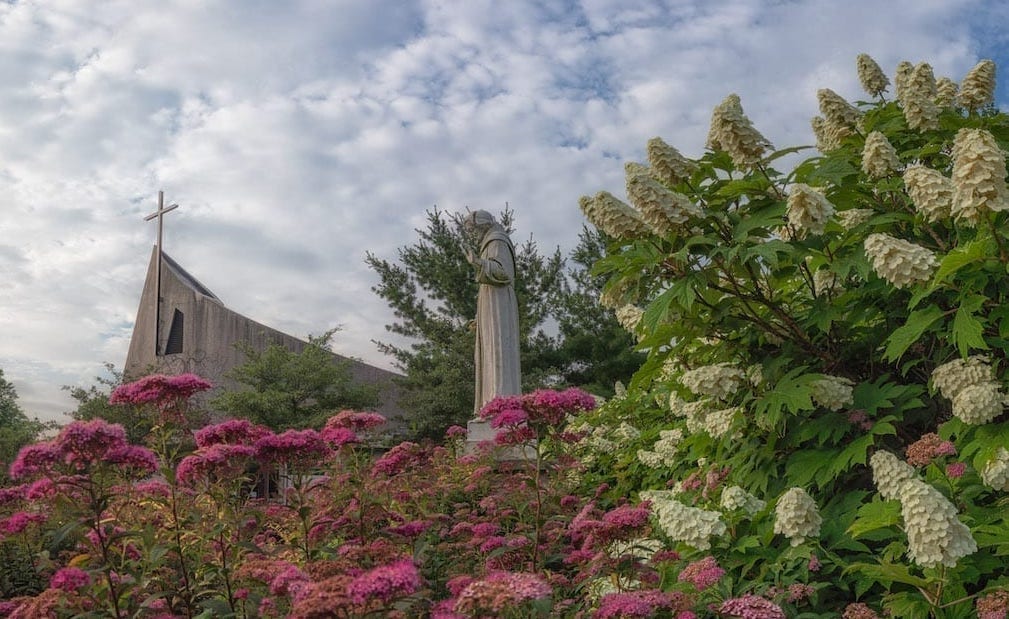 Chapel-and-Statue-with-Pink-and-White-Flowers-2